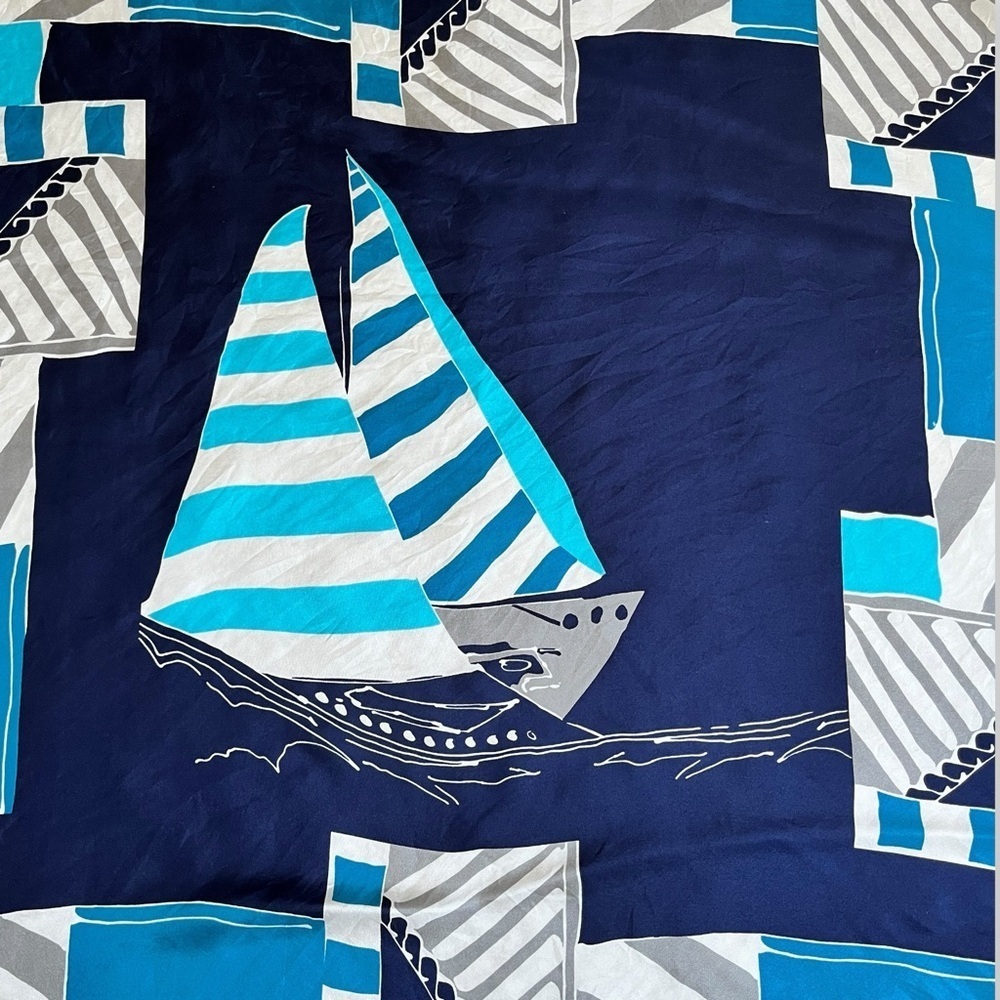 VTG 80s Adrienne Landau Elegant Blue and White Scarf Wrap Nautical Boaters 34.5” - Picture 6 of 9